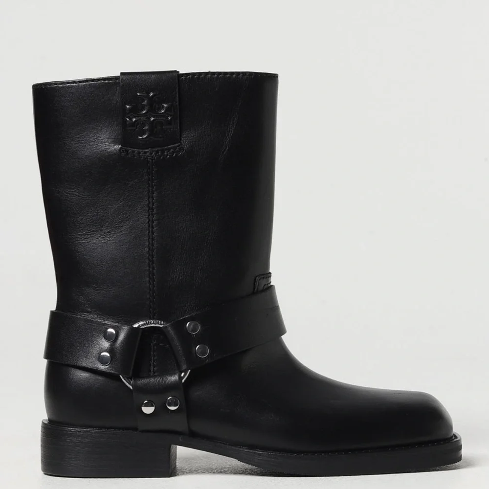 Tory Burch Double T Black Leather Moto Boots 8